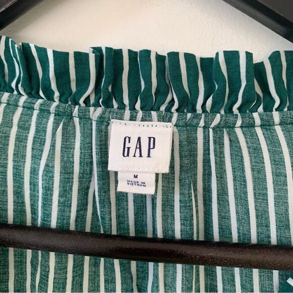 GAP Green White Vertical Striped Ruffle VNeckline Long Sleeve Blouse - Picture 5 of 6